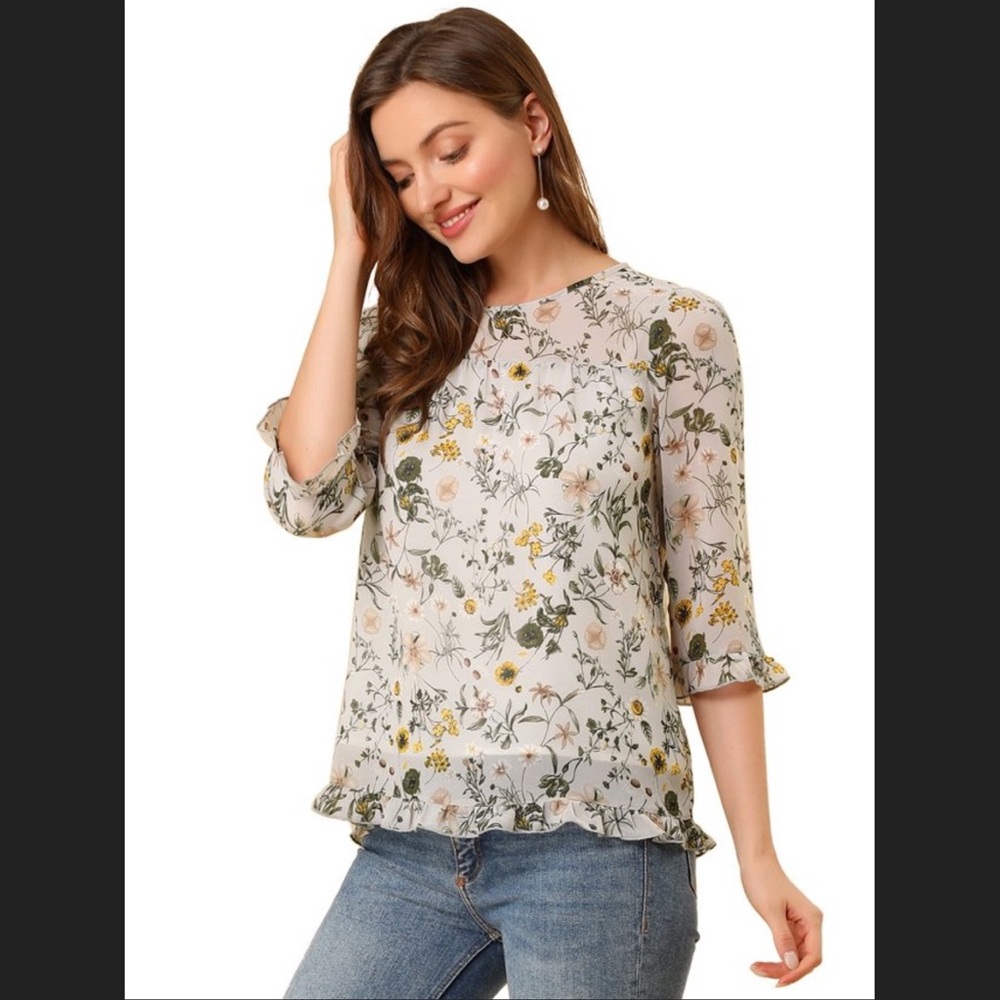 Allegra K Tan and Cream Bell Sleeve Ruffled Blouse